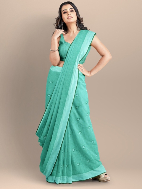 BharatSthali Sea Green & Silver-Toned Woven Design Pure Cotton Mangalagiri Saree