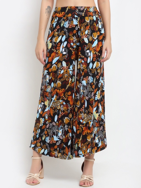NEUDIS Women Black & Orange Floral Printed Flared Knitted Cropped Palazzos
