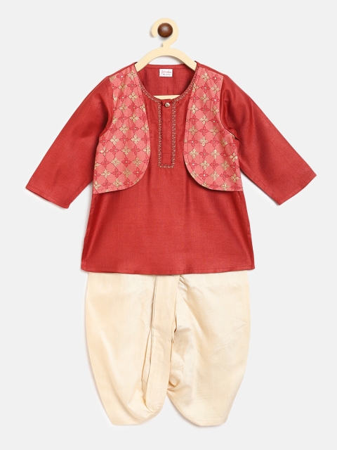Fabindia Boys Red Regular Kurta with Dhoti Pants & Waistcoat
