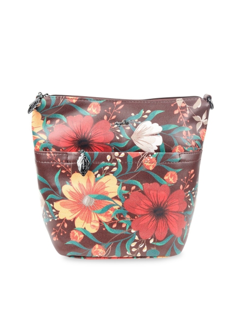 ODETTE Brown Floral Printed Leather Oversized Structured Sling Bag