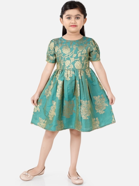 Ashneeta Girls Green & Gold-Coloured Floral Printed Ethnic Fit & Flare Dress
