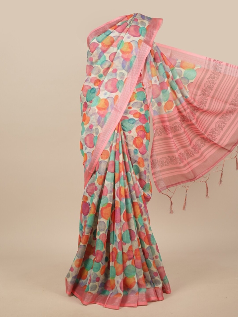 Pothys Red & Green Printed Linen Blend Saree