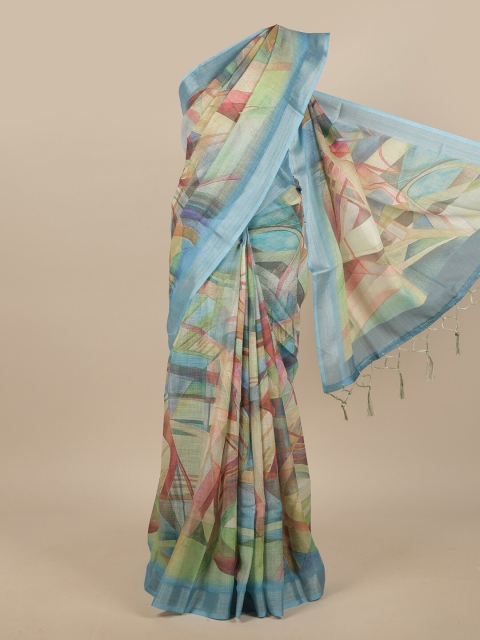 Pothys Brown & Blue Printed Linen Blend Saree