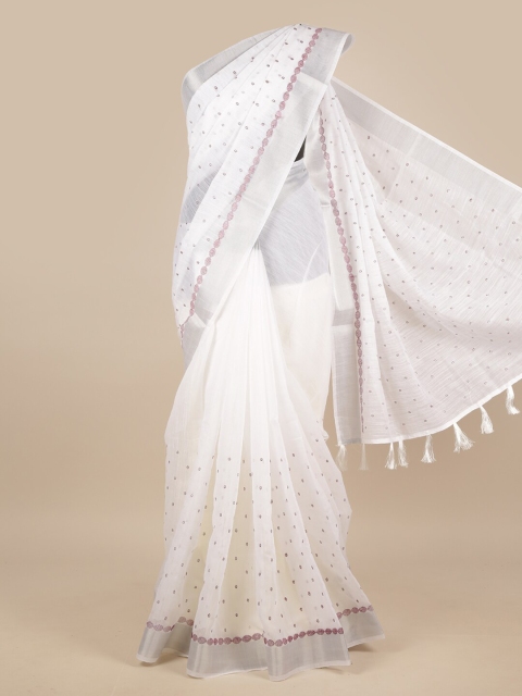 Pothys White & Pink Floral Linen Blend Saree