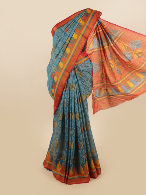 Pothys Blue & Red Geometric Printed Saree