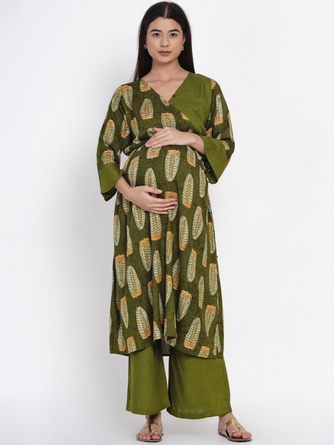 Mine4Nine Women Olive Green & Beige Floral Printed Angrakha Maternity Kurta With Palazzos
Mine4Nine Women Olive Green & Beige Floral Printed Angrakha Maternity Kurta With Palazzos