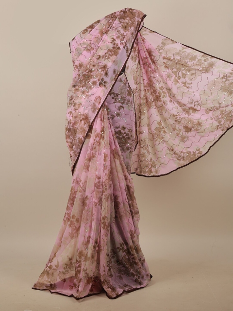 Pothys Pink & Brown Floral Printed Sequinned Saree