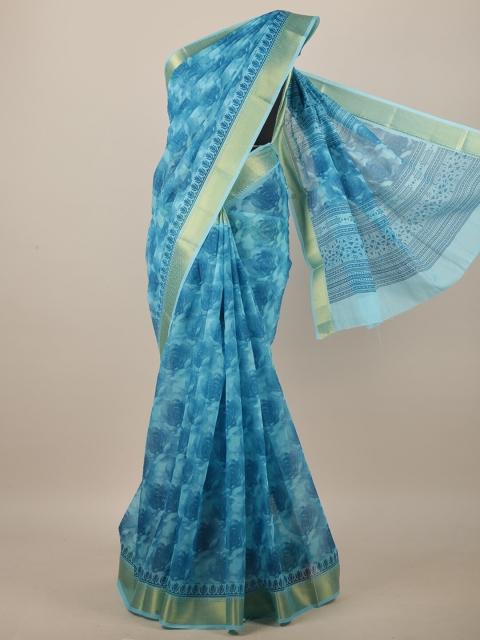 Pothys Blue & Gold-Toned Floral Printed Saree