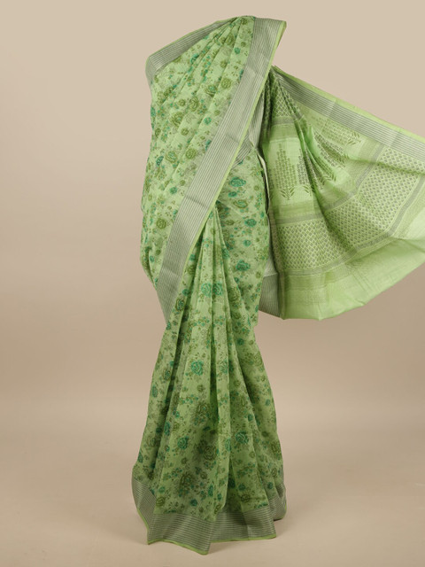 Pothys Green & Silver-Toned Cotton Blend Floral Printed Saree 
Pothys Green & Silver-Toned Cotton Blend Floral Printed Saree