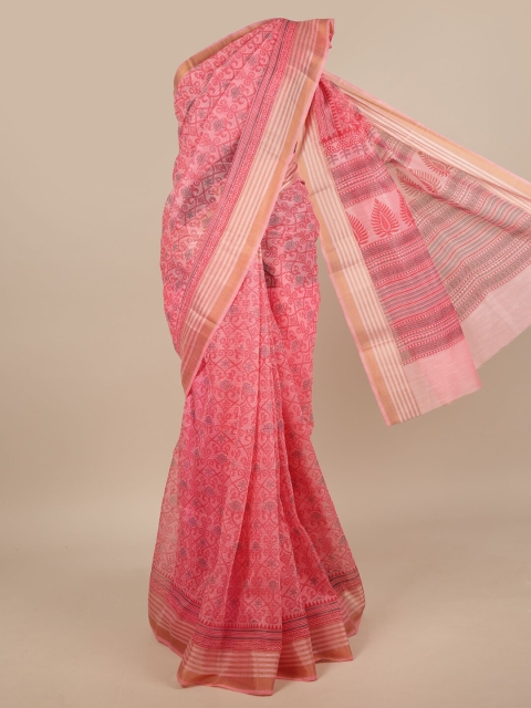 Pothys Pink & Gold-Toned Cotton Blend Floral Printed Saree