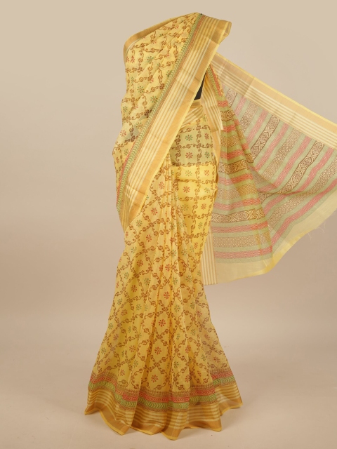 Pothys Yellow & Gold-Toned Cotton Blend Ethnic Motifs Printed Saree