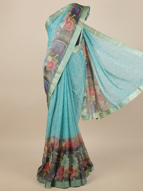 Pothys Blue & Green Floral Printed Saree