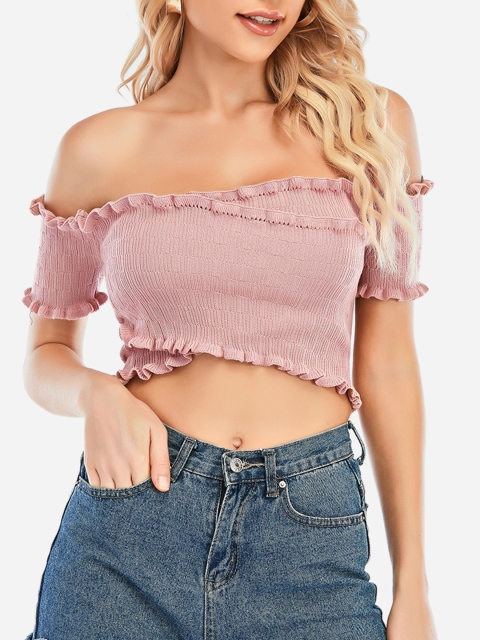 URBANIC Rose Lettuce Trim Bardot Crop Top