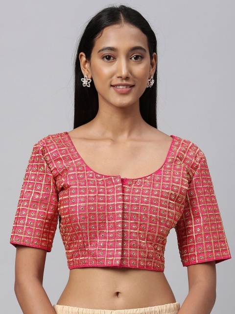 Amrutam Fab Pink & Gold-Coloured Embroidered Raw Silk Saree Blouse