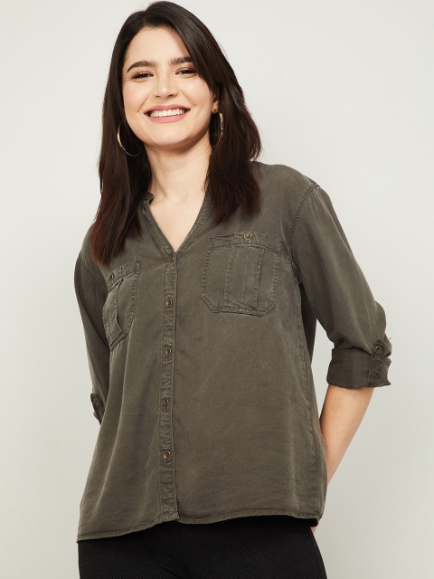 Fame Forever by Lifestyle Women Olive Green Opaque Casual Shirt