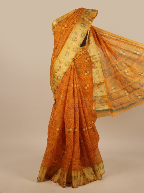 Pothys Mustard & Green Ethnic Motifs Printed Saree
