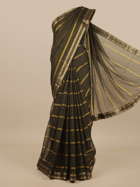 Pothys Black & Gold-Toned Checked Zari Saree