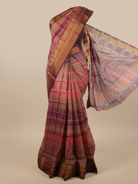 Pothys Brown & Purple Checked Saree