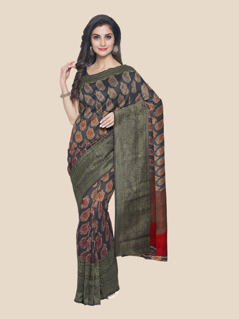 Kalamandir Black & Red Floral Silk Blend Saree