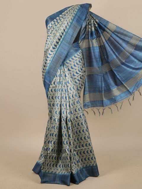 Pothys Beige & Blue Printed Jute Silk Saree