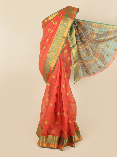 Pothys Coral & Gold-Toned Ethnic Motifs Zari Chanderi Saree