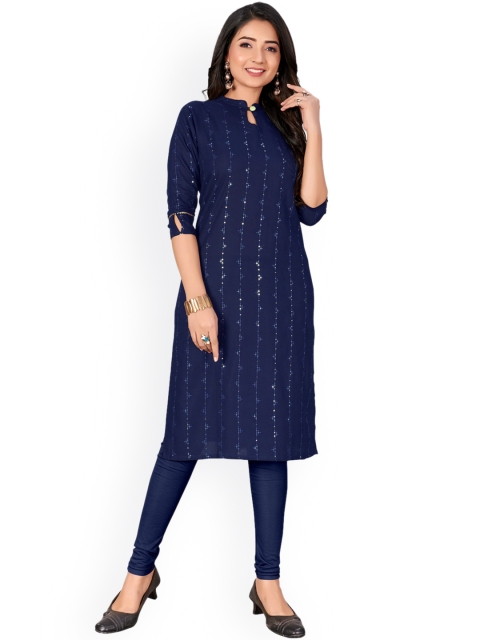 Viva N Diva Women Navy Blue Geometric Mirror Work Kurta