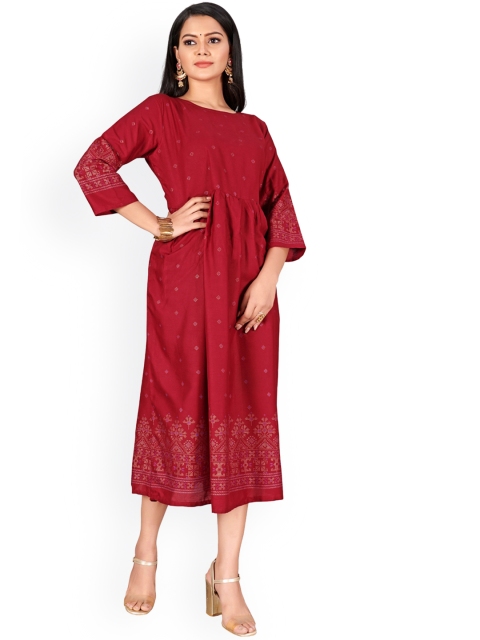 Viva N Diva Women Red Embroidered Cold-Shoulder Sleeves Mirror Work Anarkali Kurta