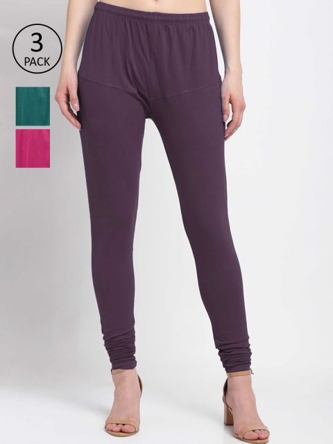 KLOTTHE Women Pack Of 3 Solid Churidar Leggings, Violet