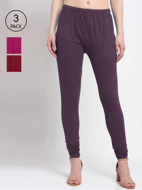 KLOTTHE Women Pack Of 3 Solid Cotton Churidar Leggings, Maroon