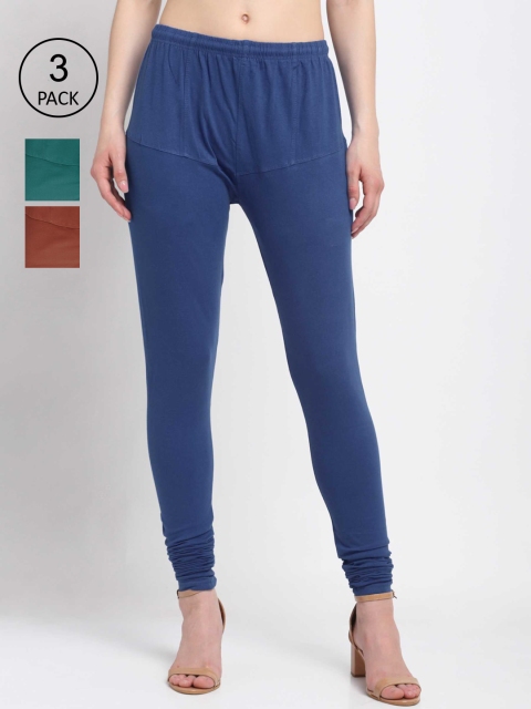 KLOTTHE Women Pack Of 3 Solid Cotton Churidar-Length Leggings, Teal