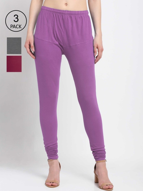 KLOTTHE Women Pack Of 3 Solid Cotton Churidar-Length Leggings, Purple