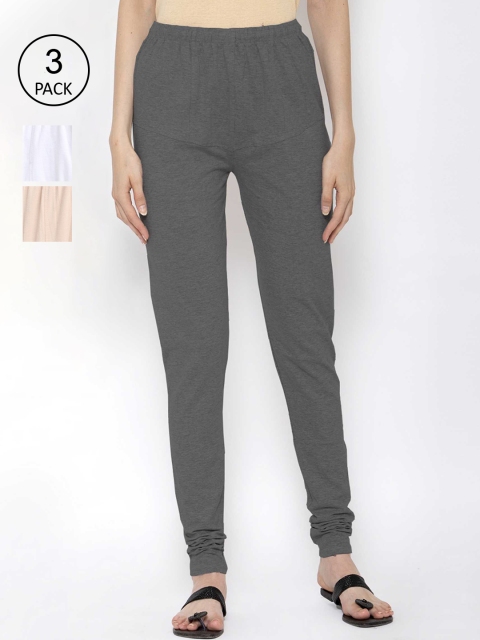 KLOTTHE Women Pack Of 3 Solid Cotton Churidar-Length Leggings, Grey