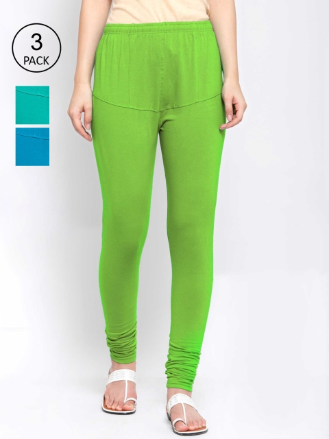 KLOTTHE Women Pack Of 3 Solid Cotton Churidar-Length Leggings, Green