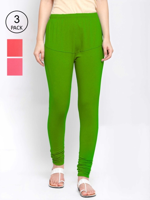 KLOTTHE Women Pack Of 3 Solid Cotton Churidar-Length Leggings, Green
