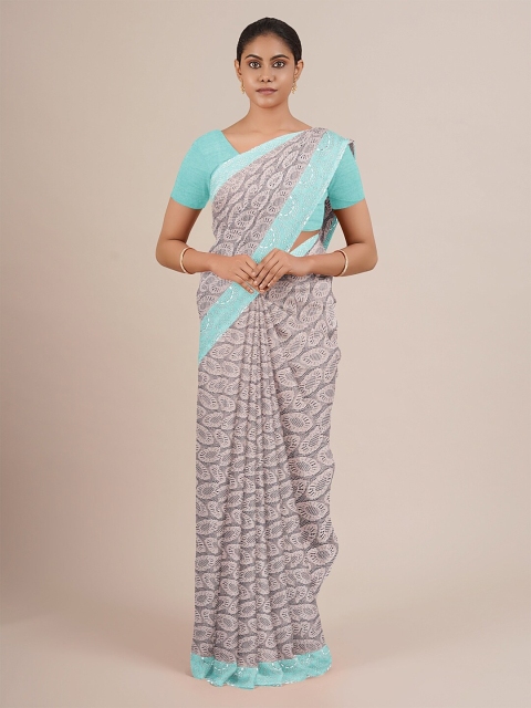 Pothys Beige & Blue Net Saree