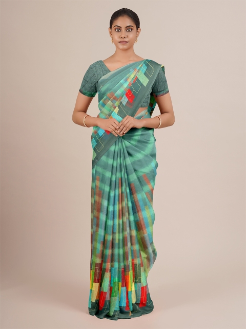 Pothys Sea Green & Red Abstract Printed Saree