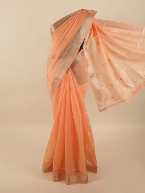 Pothys Orange & Silver-Toned Floral Saree