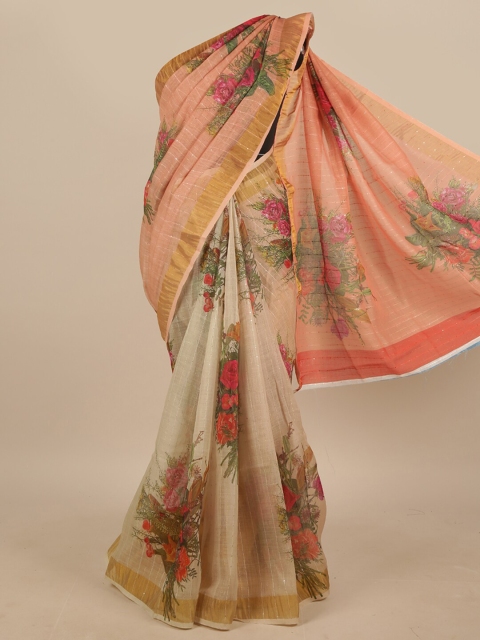 Pothys Peach-Coloured & Green Floral Jute Silk Saree