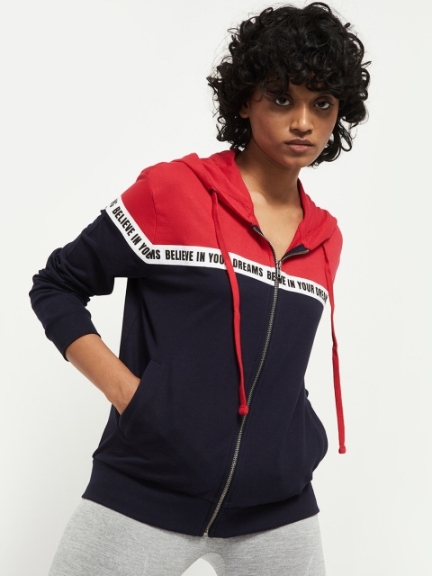 max Women Blue & Red Colourblocked Hooded Sporty Jacket