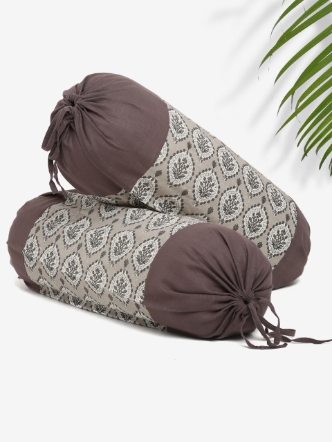 Rajasthan Decor Set Of 2 Brown & Grey Printed Cotton Bolster Covers