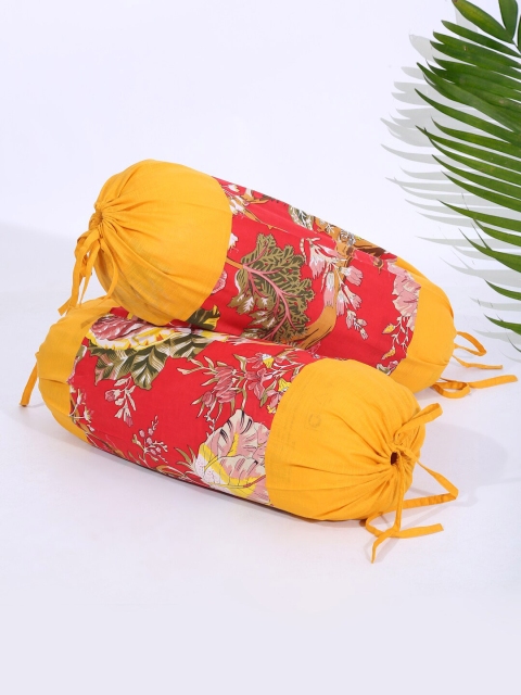 Rajasthan Decor Set Of 2 Yellow & Red Screen Print Cotton Bolster Covers