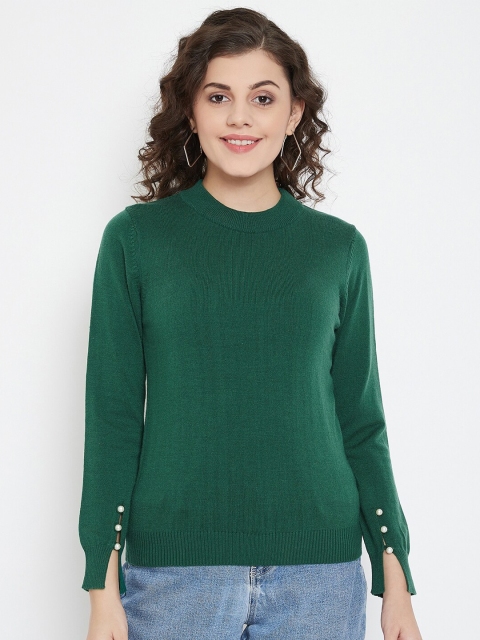 Madame Women Green Ribbed Pullover