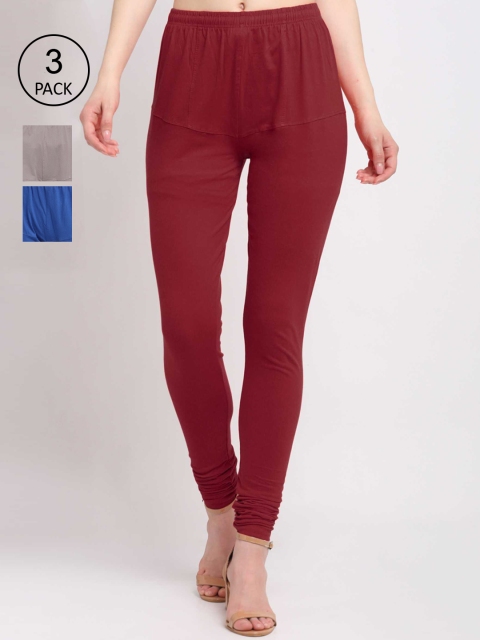 KLOTTHE Women Pack Of 3 Solid Cotton Churidar-Length Leggings, Maroon