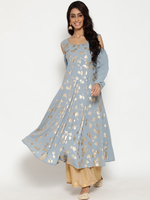 Luni Women Grey Floral Printed Cold-Shoulder Sleeves Thread Work Anarkali Kurta