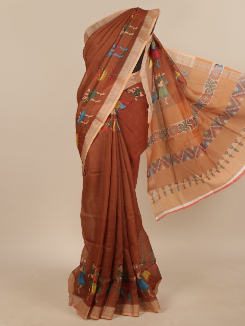 Pothys Brown & Blue Ethnic Motifs Printed Linen Blend Saree