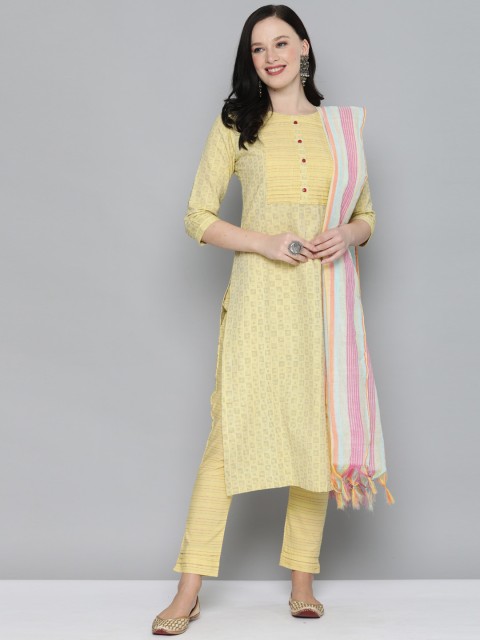 Kvsfab Women Yellow Striped Layered Thread Work Pure Cotton Kurta with Trousers & With Dupatta