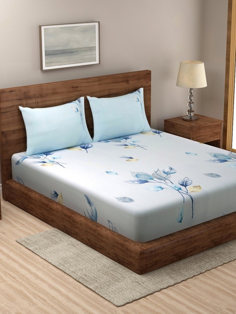 Klotthe Blue Floral Pure Cotton Double Bed Sheet with 2 Pillow Covers