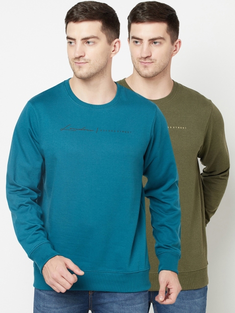 ELEGANCE Men Blue & Olive Green Set Of 2 Printed Sweatshirts