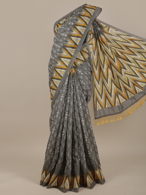 Pothys Grey & Orange Ethnic Motifs Jute Silk Saree