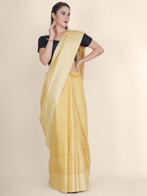 Bangalore Silk Emporium Yellow Checked Pure Linen Kanjeevaram Saree